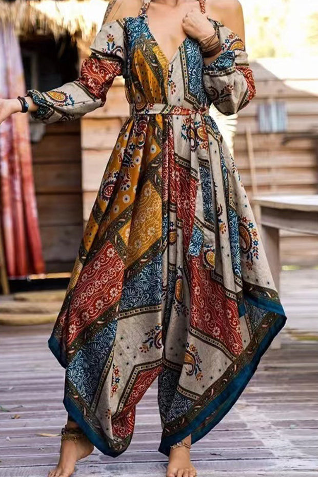 WW | Lässige Street National Totem Print V-Ausschnitt Lockere Jumpsuits