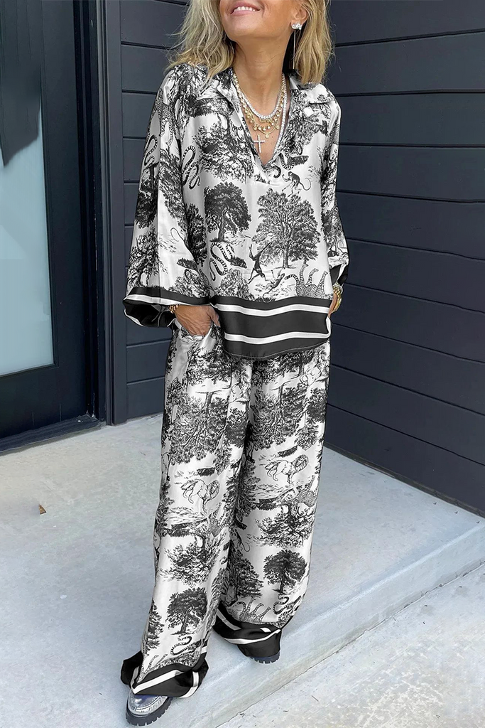 WW | Lässiger Street Floral Print Distressed Draw String Pocket V-Ausschnitt Langarm Zwei Teile - 8 Farben