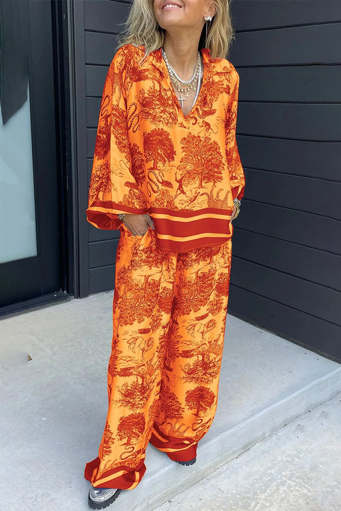 WW | Lässiger Street Floral Print Distressed Draw String Pocket V-Ausschnitt Langarm Zwei Teile - 8 Farben