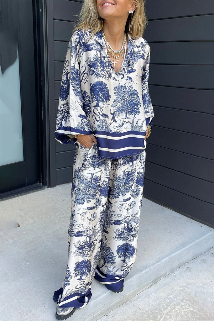 WW | Lässiger Street Floral Print Distressed Draw String Pocket V-Ausschnitt Langarm Zwei Teile - 8 Farben