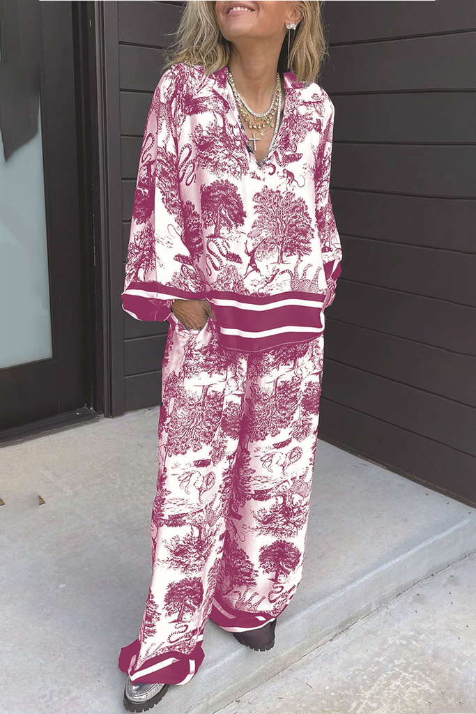 WW | Lässiger Street Floral Print Distressed Draw String Pocket V-Ausschnitt Langarm Zwei Teile - 8 Farben