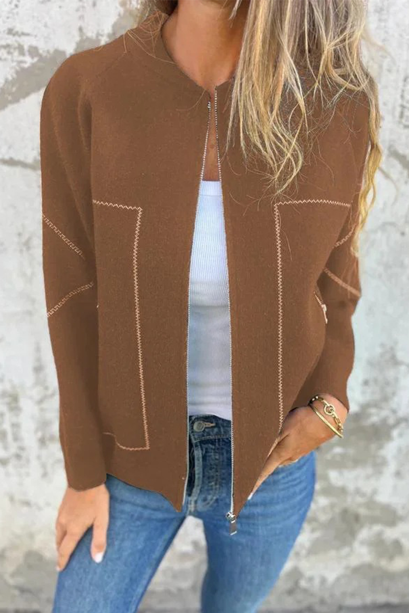 WW | Lässige tägliche Pocket-Patchwork-Reißverschluss-O-Hals-Oberbekleidung - 8 Farben