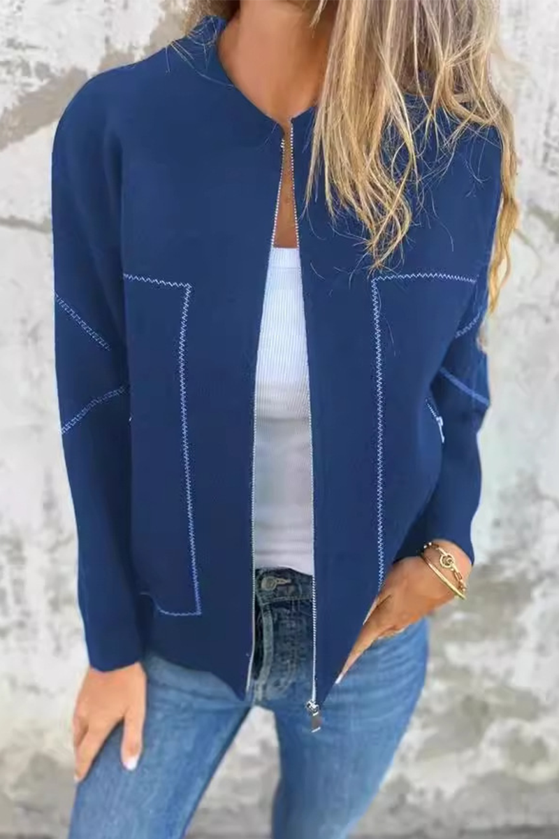 WW | Lässige tägliche Pocket-Patchwork-Reißverschluss-O-Hals-Oberbekleidung - 8 Farben