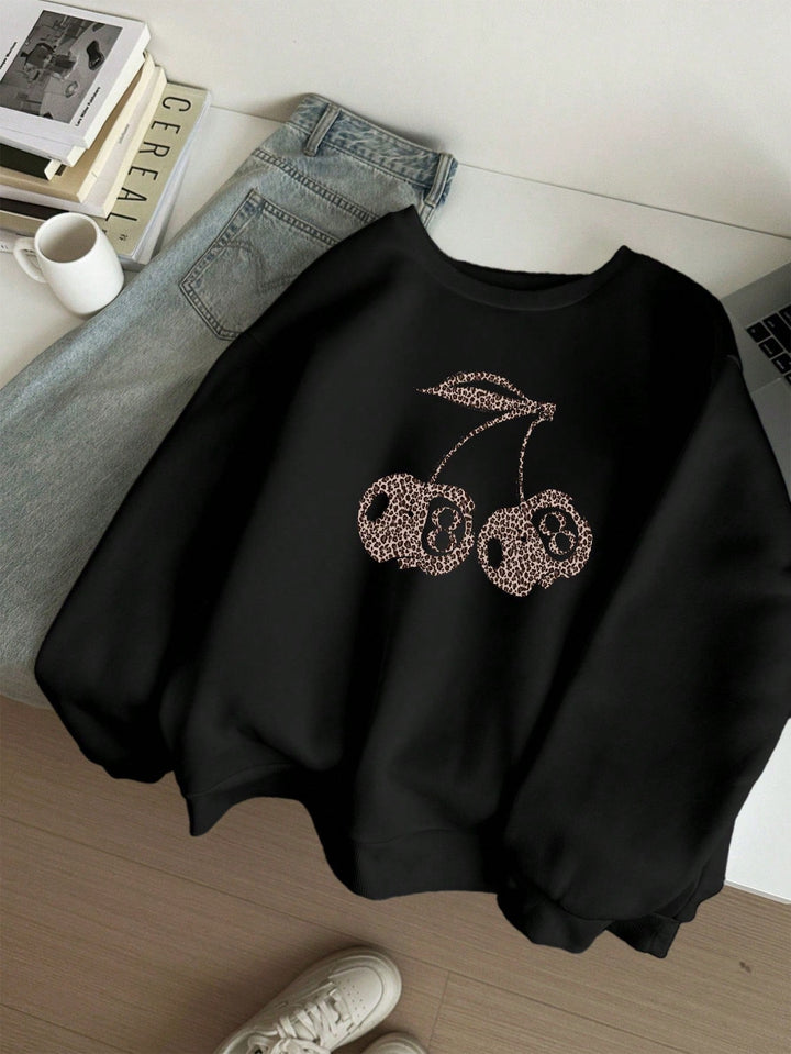 W&W Mode | Lässiges Leopard- und Kirschgrafik-Sweatshirt in Schwarz