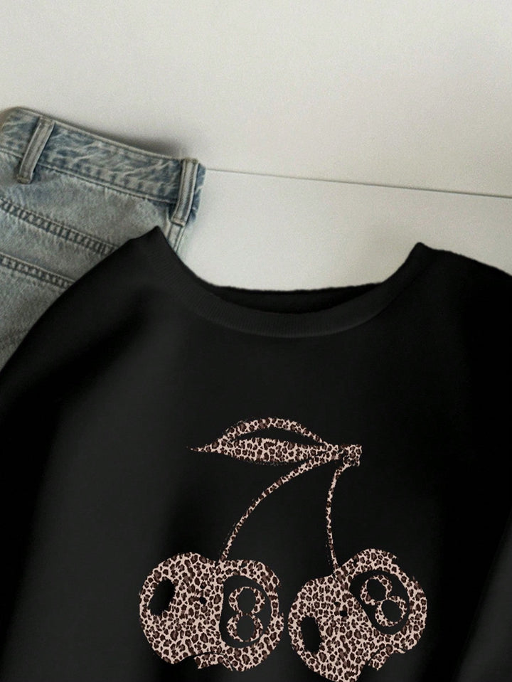 W&W Mode | Lässiges Leopard- und Kirschgrafik-Sweatshirt in Schwarz