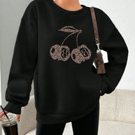 WW | Lässiges Leopard- und Kirschgrafik-Sweatshirt in Schwarz