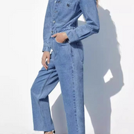 WW | Lässiger Street Einfarbiger Taschenknopf Umlegekragen Lange Ärmel Lockere Denim Overalls