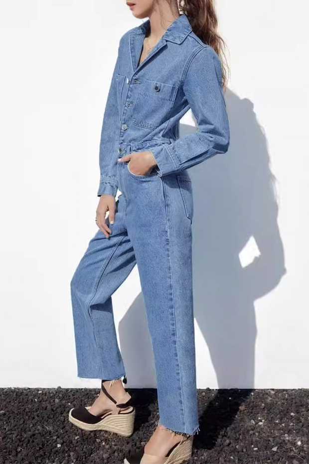 WW | Lässiger Street Einfarbiger Taschenknopf Umlegekragen Lange Ärmel Lockere Denim Overalls