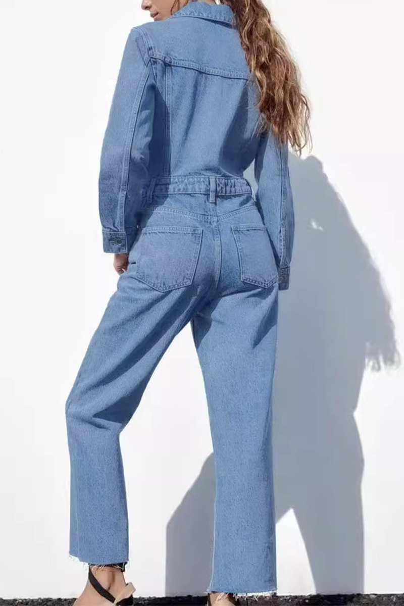 WW | Lässiger Street Einfarbiger Taschenknopf Umlegekragen Lange Ärmel Lockere Denim Overalls