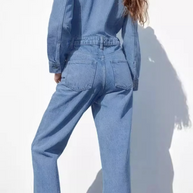 WW | Lässiger Street Einfarbiger Taschenknopf Umlegekragen Lange Ärmel Lockere Denim Overalls