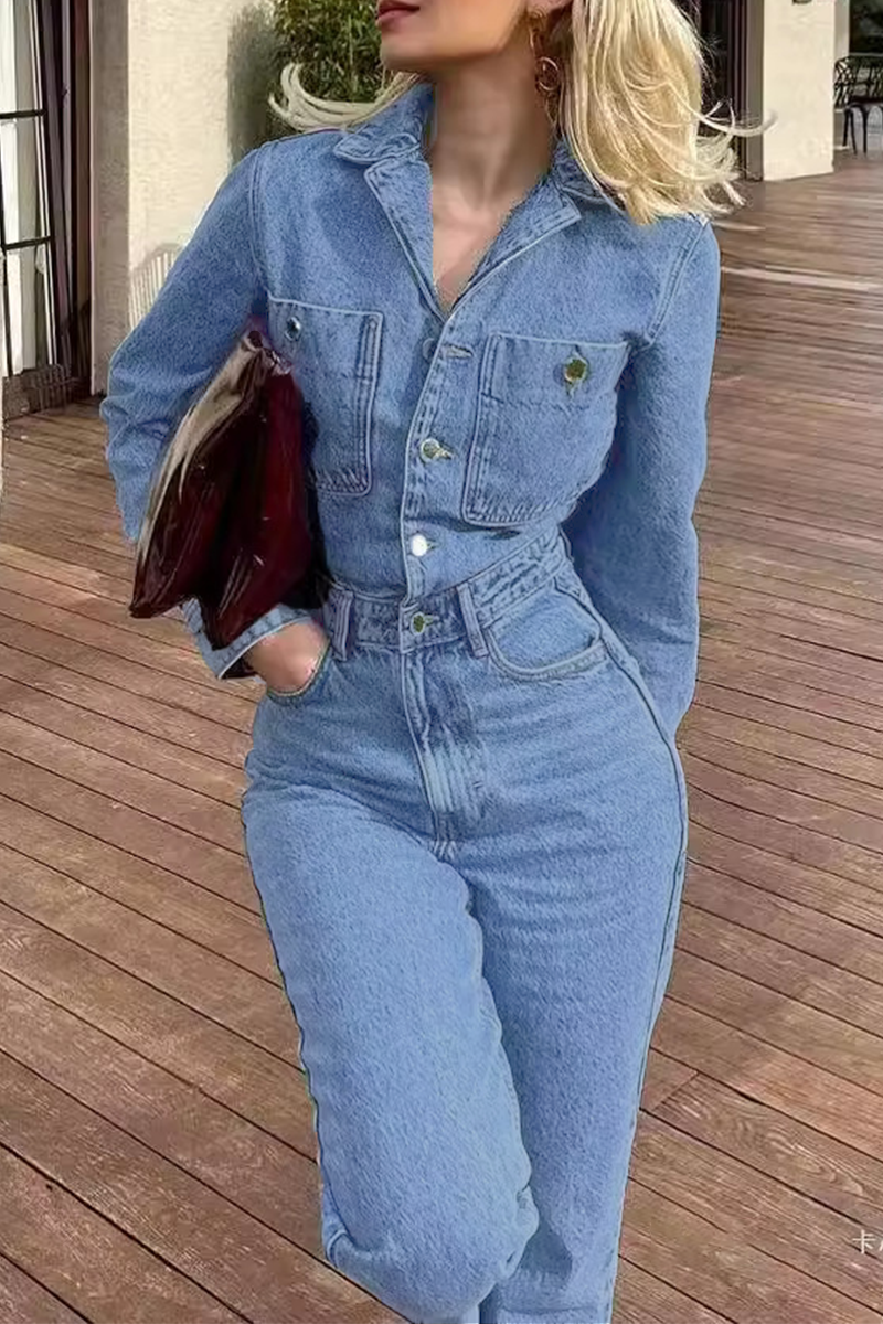 WW | Lässiger Street Einfarbiger Taschenknopf Umlegekragen Lange Ärmel Lockere Denim Overalls