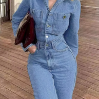 WW | Lässiger Street Einfarbiger Taschenknopf Umlegekragen Lange Ärmel Lockere Denim Overalls