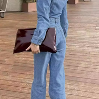WW | Lässiger Street Einfarbiger Taschenknopf Umlegekragen Lange Ärmel Lockere Denim Overalls