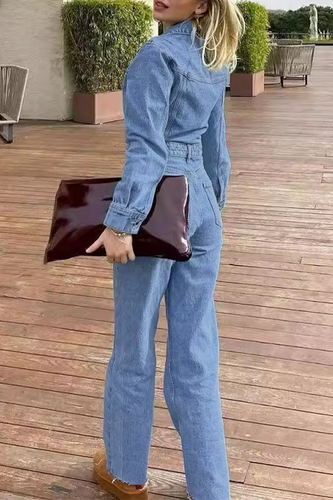 WW | Lässiger Street Einfarbiger Taschenknopf Umlegekragen Lange Ärmel Lockere Denim Overalls