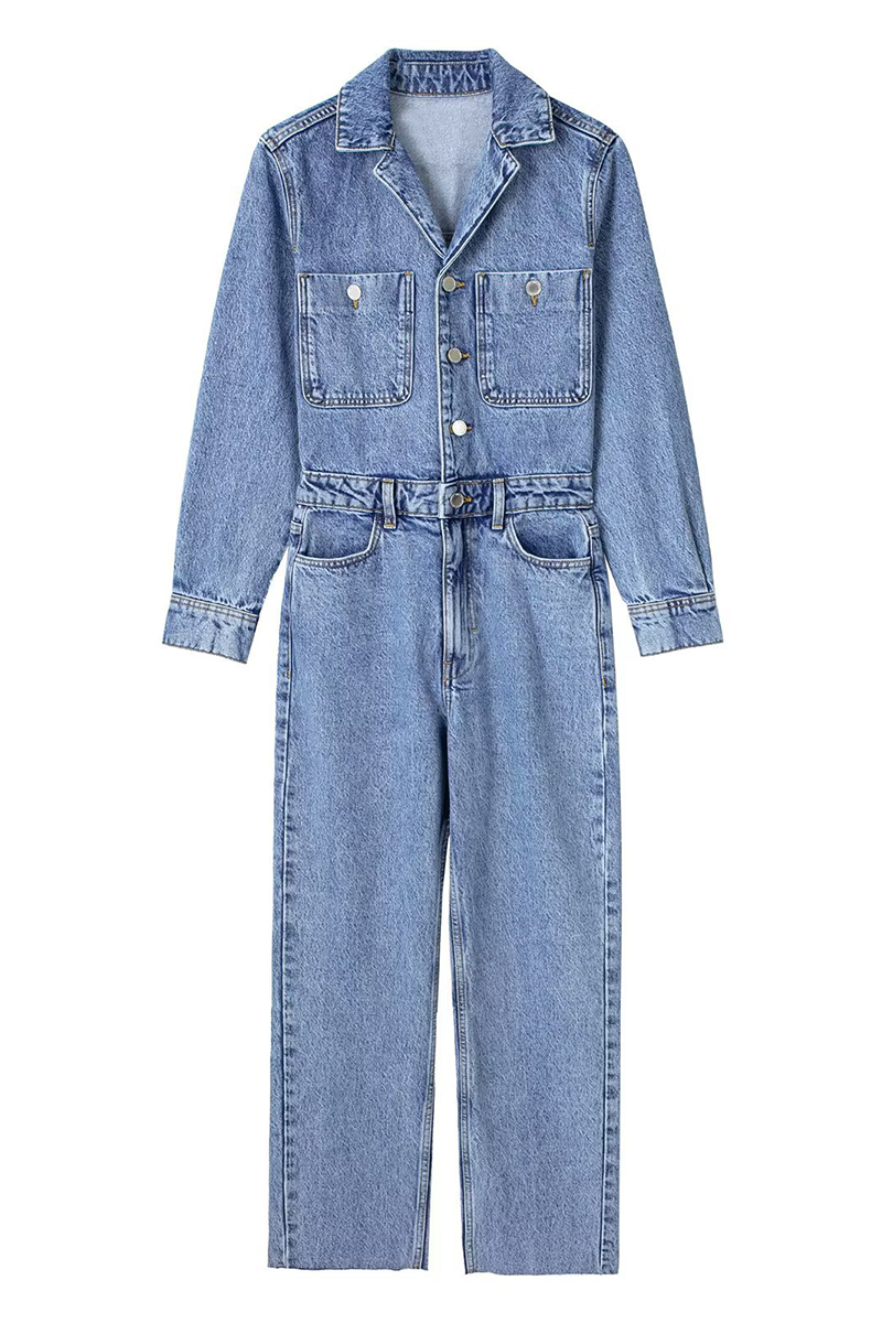 WW | Lässiger Street Einfarbiger Taschenknopf Umlegekragen Lange Ärmel Lockere Denim Overalls