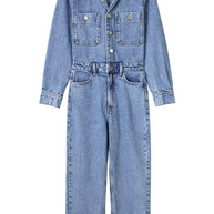 WW | Lässiger Street Einfarbiger Taschenknopf Umlegekragen Lange Ärmel Lockere Denim Overalls