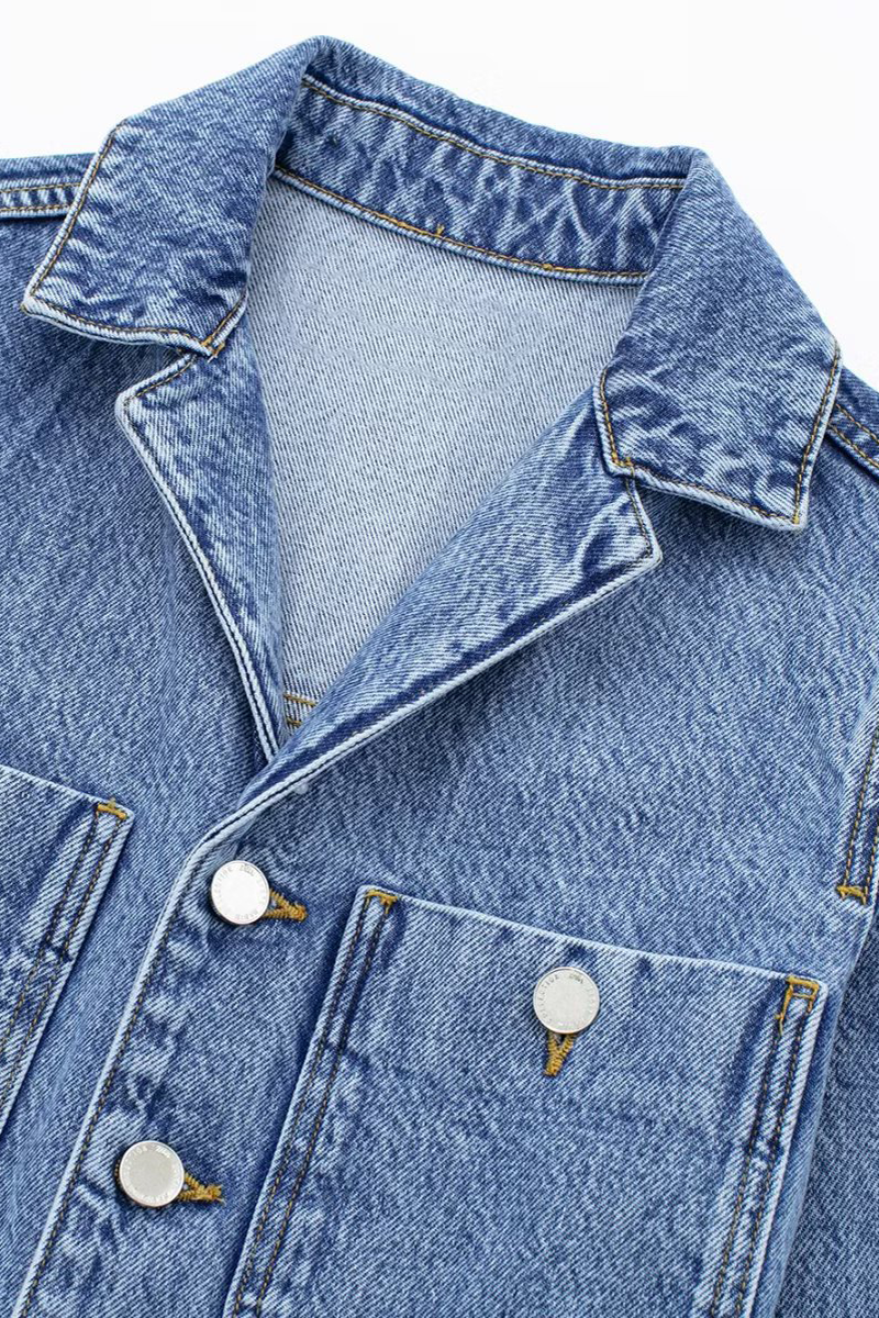 WW | Lässiger Street Einfarbiger Taschenknopf Umlegekragen Lange Ärmel Lockere Denim Overalls
