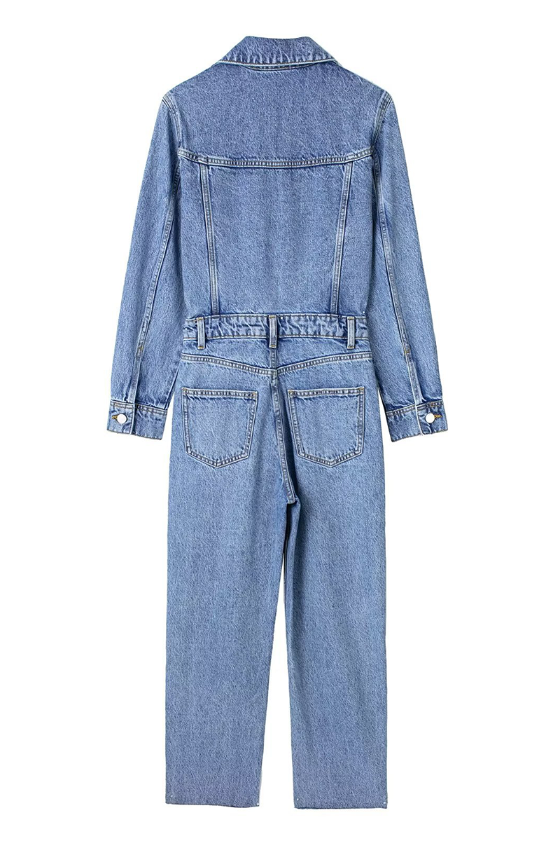WW | Lässiger Street Einfarbiger Taschenknopf Umlegekragen Lange Ärmel Lockere Denim Overalls