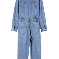 WW | Lässiger Street Einfarbiger Taschenknopf Umlegekragen Lange Ärmel Lockere Denim Overalls