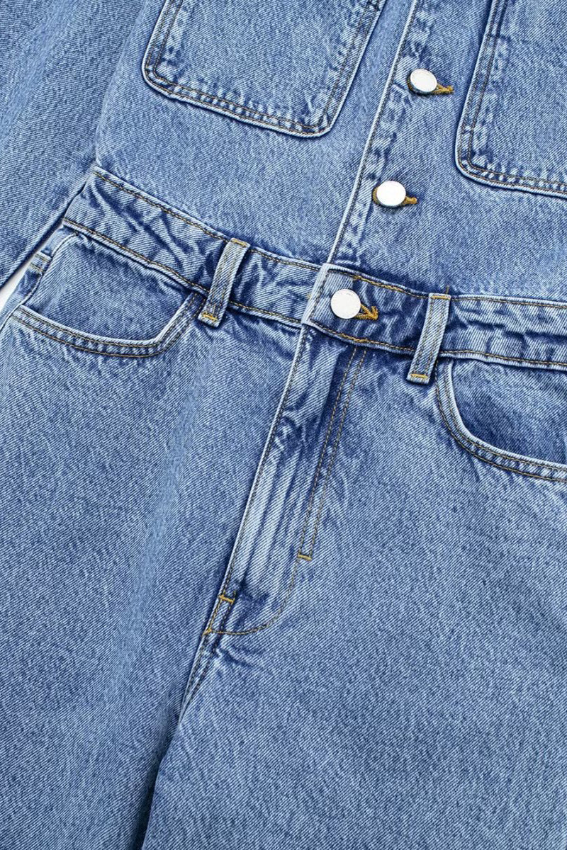 WW | Lässiger Street Einfarbiger Taschenknopf Umlegekragen Lange Ärmel Lockere Denim Overalls