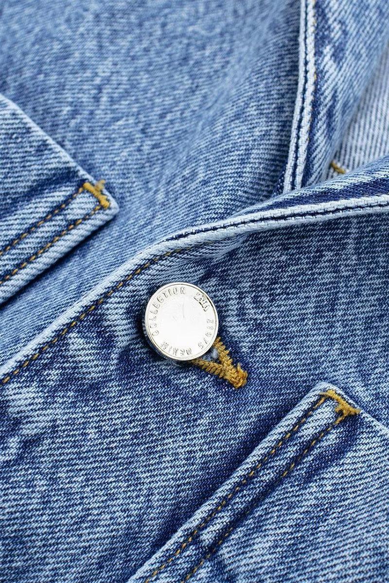 WW | Lässiger Street Einfarbiger Taschenknopf Umlegekragen Lange Ärmel Lockere Denim Overalls