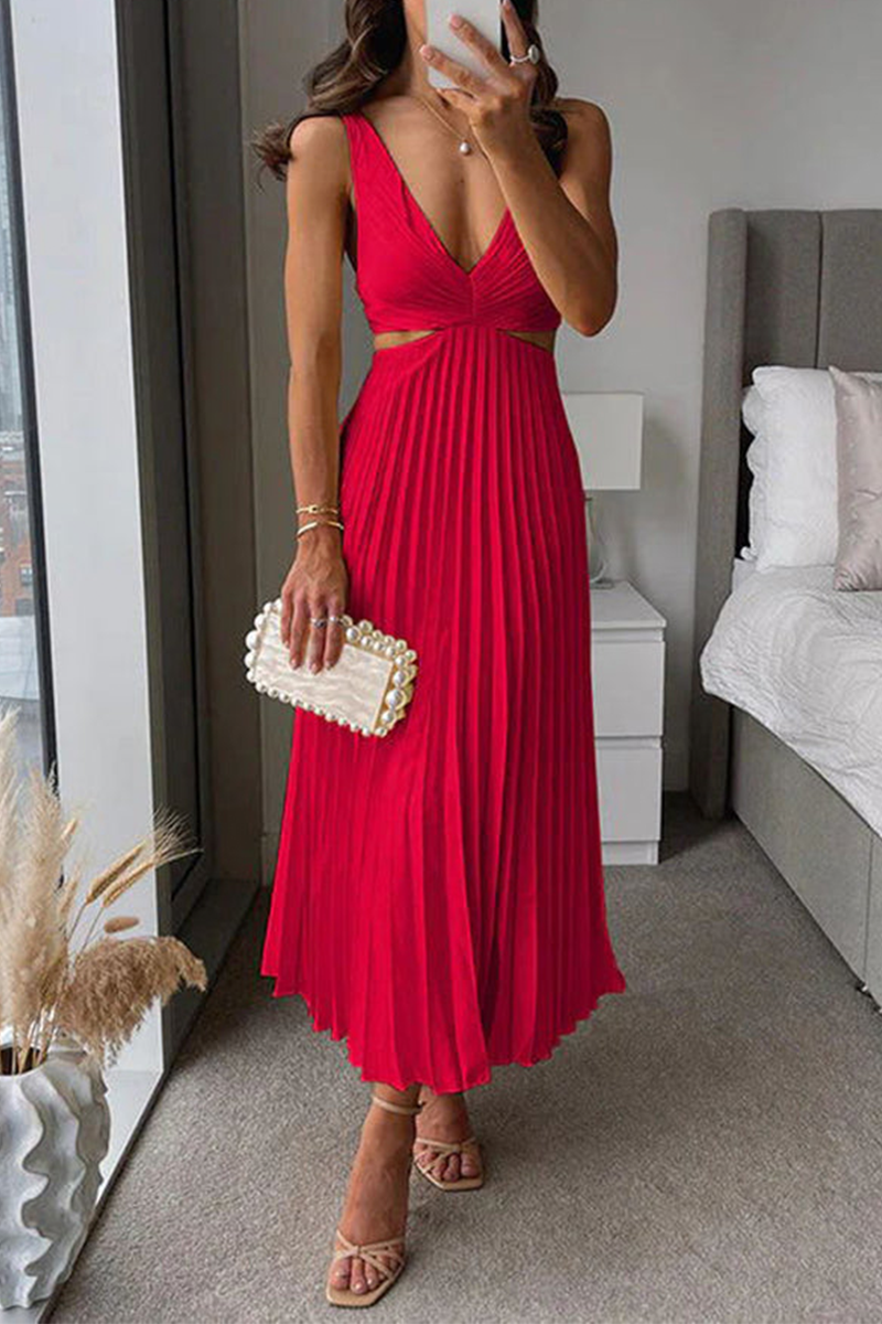WW | Sommer Sozial Flecken Plissierter Cutout Taille Locker Midi - 6 Farben