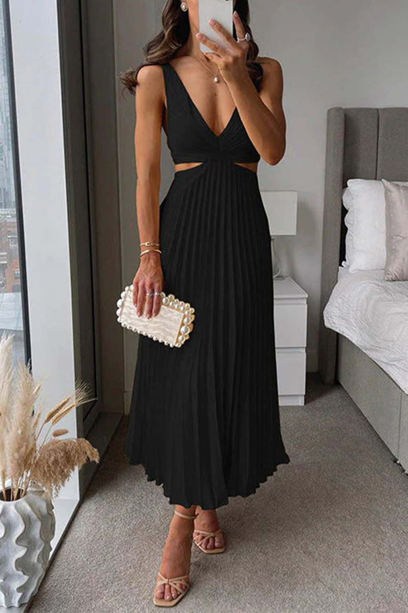 WW | Sommer Sozial Flecken Plissierter Cutout Taille Locker Midi - 6 Farben