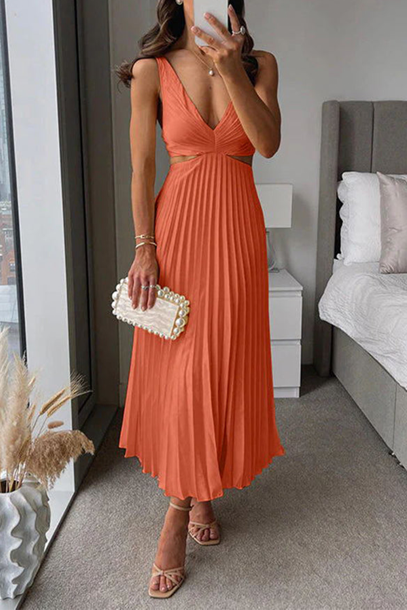 WW | Sommer Sozial Flecken Plissierter Cutout Taille Locker Midi - 6 Farben