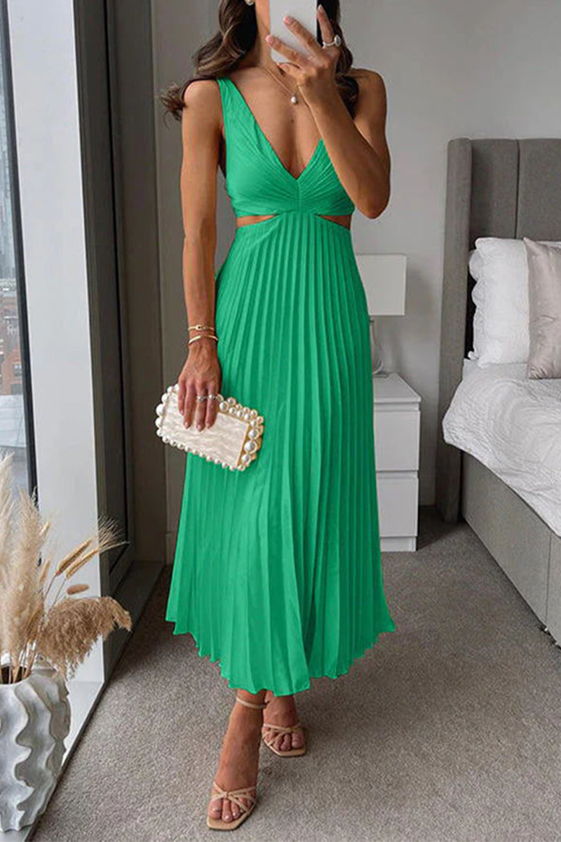 WW | Sommer Sozial Flecken Plissierter Cutout Taille Locker Midi - 6 Farben