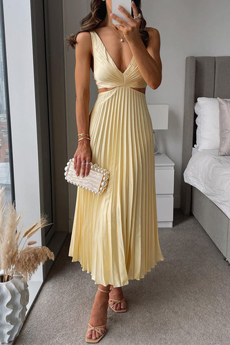 WW | Sommer Sozial Flecken Plissierter Cutout Taille Locker Midi - 6 Farben