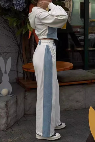 WW | Street Sportswear Patchwork Reißverschluss Kontrast Kapuzen Langarm Zwei Teile - 3 Farben