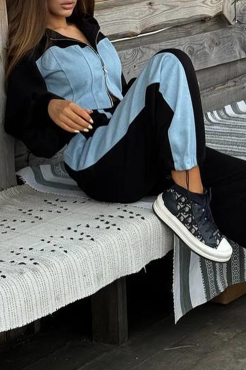 WW | Street Sportswear Patchwork Reißverschluss Kontrast Kapuzen Langarm Zwei Teile - 3 Farben