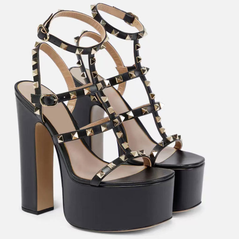 WW | Nieten Runde Zehe Riemen Wasserdichte Plattform Dicke Absatz Super Hohe Sandalen