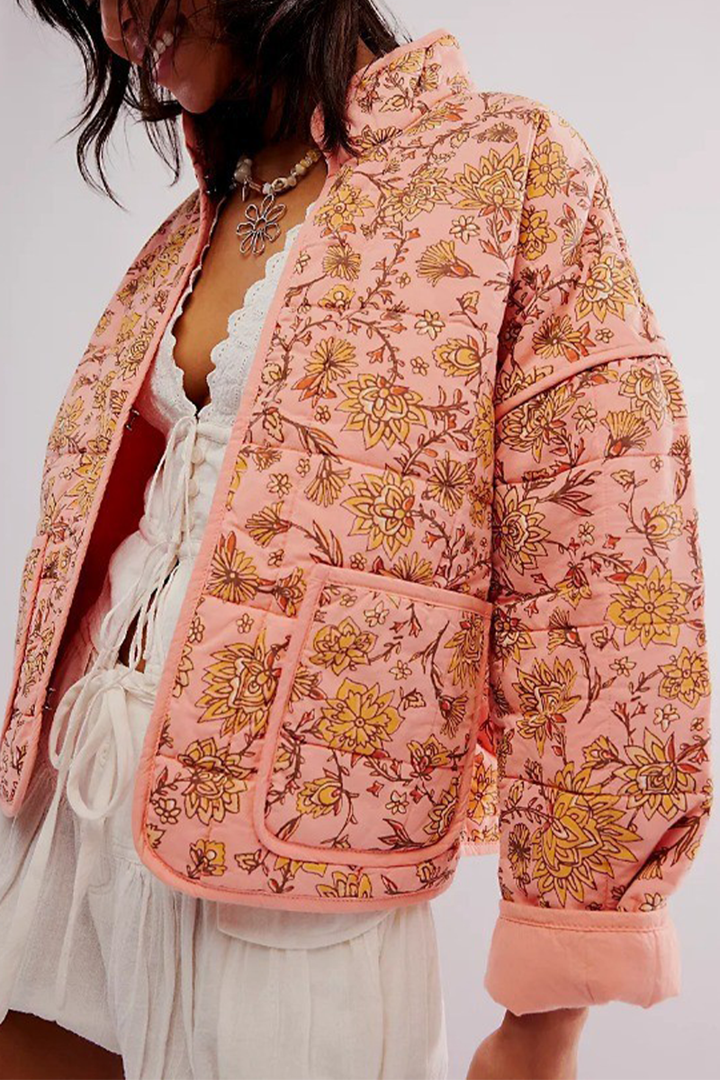 WW | Lässige Blumen Tasche Patchwork Kontrast Mandarin Kragen Outerwear - 12 Farben