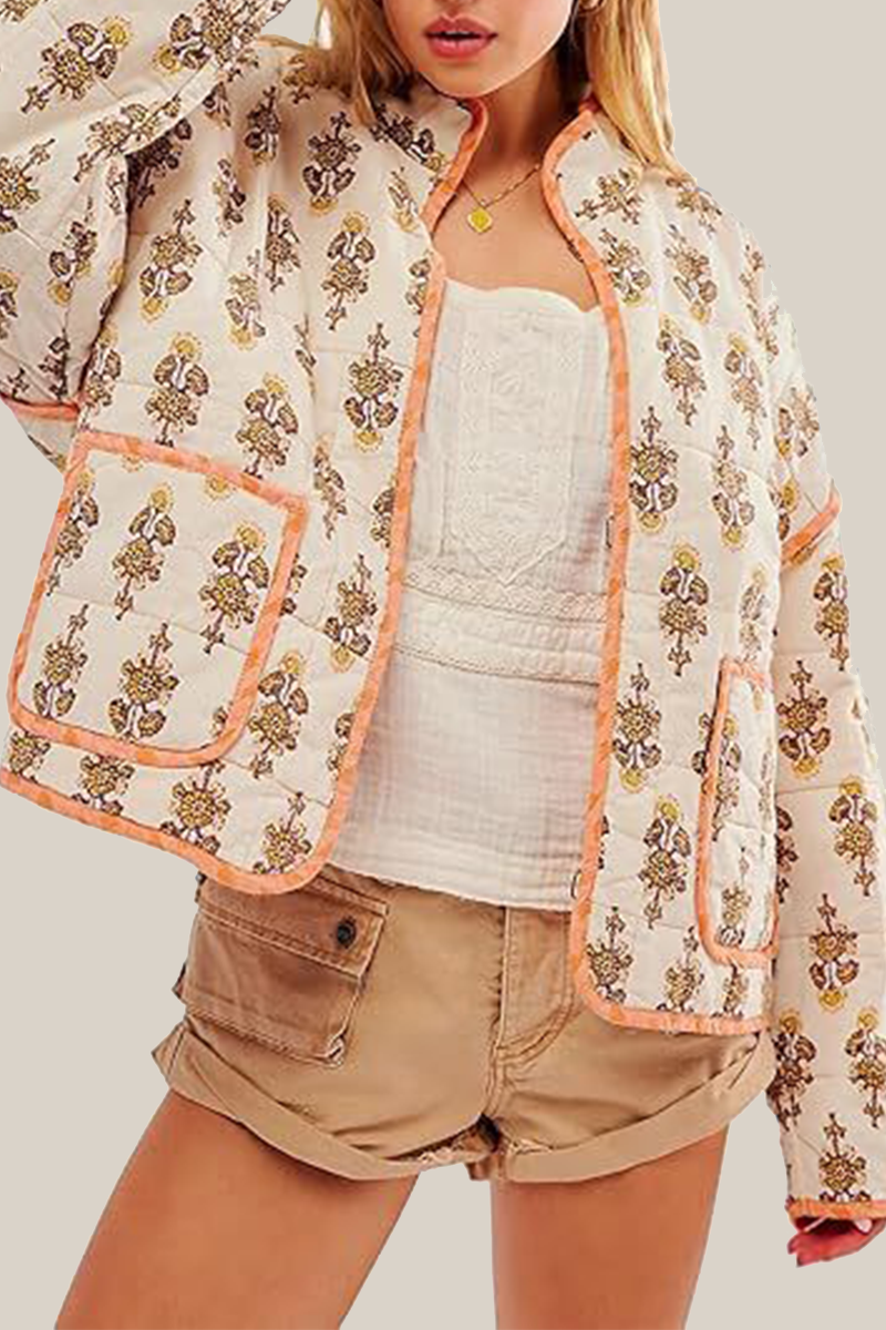 WW | Lässige Blumen Tasche Patchwork Kontrast Mandarin Kragen Outerwear - 12 Farben