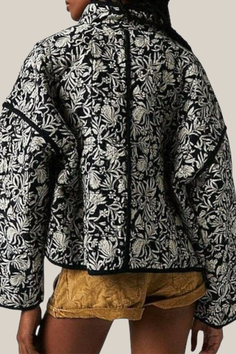 WW | Lässige Blumen Tasche Patchwork Kontrast Mandarin Kragen Outerwear - 12 Farben