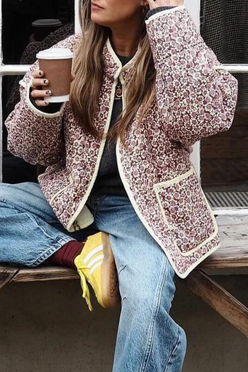 WW | Lässige Blumen Tasche Patchwork Kontrast Mandarin Kragen Outerwear - 12 Farben