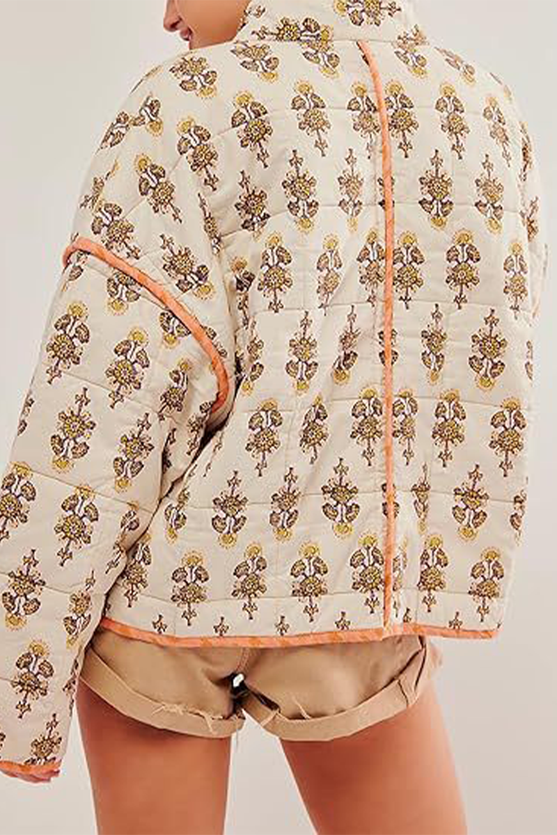 WW | Lässige Blumen Tasche Patchwork Kontrast Mandarin Kragen Outerwear - 12 Farben