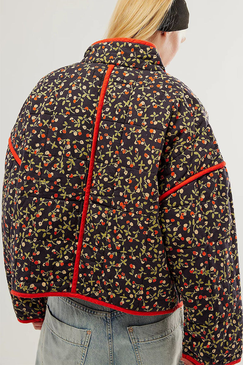 WW | Lässige Blumen Tasche Patchwork Kontrast Mandarin Kragen Outerwear - 12 Farben