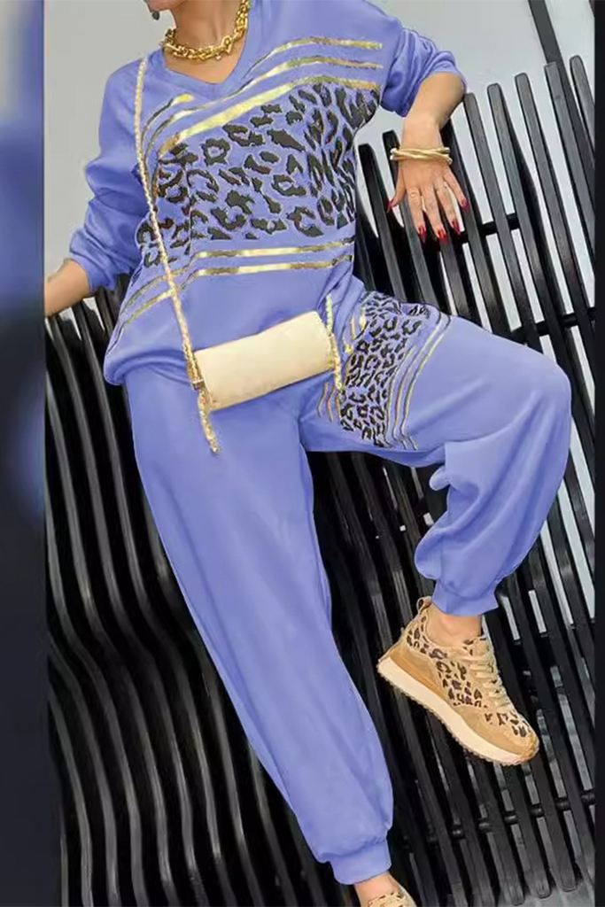 WW | Lässiger Street Bronzing Muster Leopard V-Ausschnitt Langarm Zwei Teile - 5 Farben