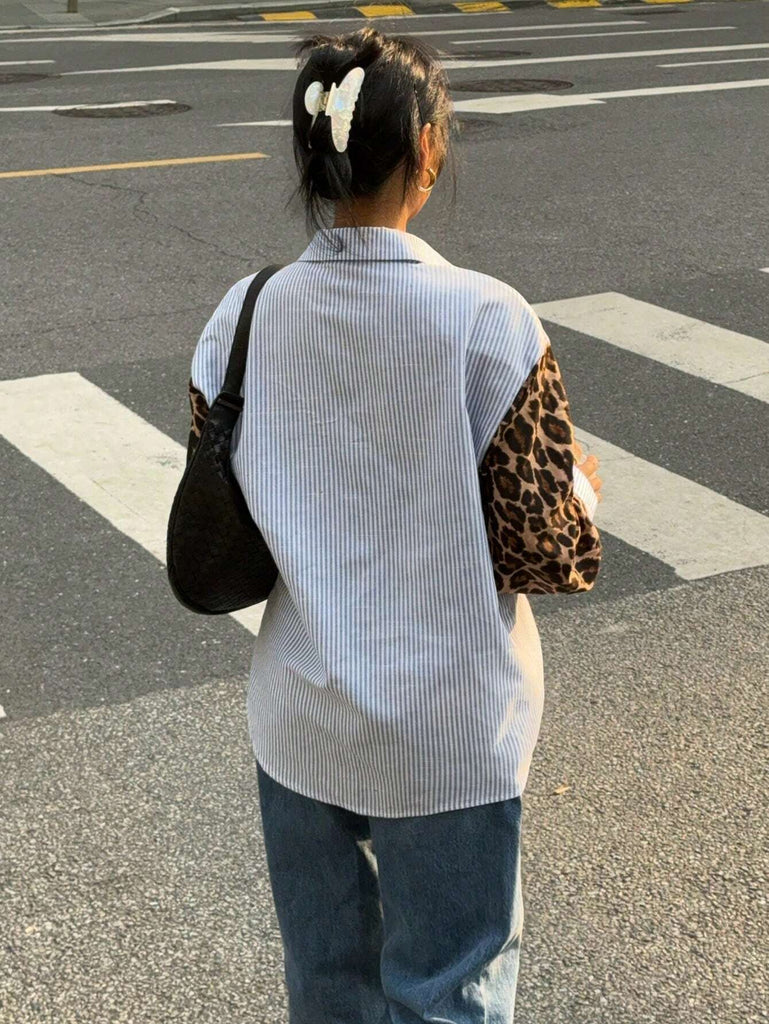 WW | Gaze Frauen Leoparden Patchwork Gestreifte Lange Ärmel Freizeitbluse, Retro Frauen Blusen, Herbst Frauen Kleider, Frauen Hemden, Formelle Frauen Kleider, Street Style Hemden, Leoparden Hemden