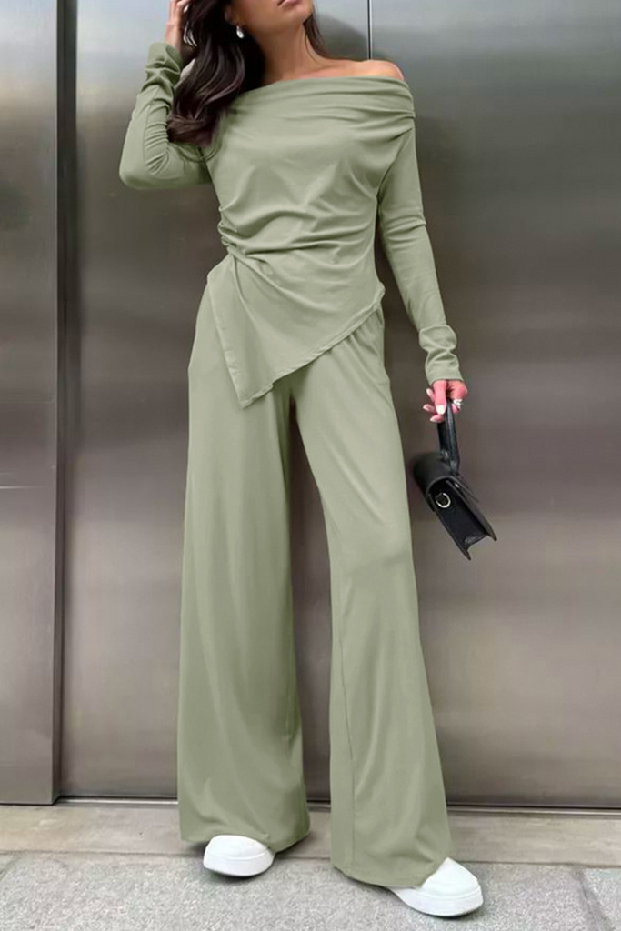 WW | Sexy Street Rüsch Irregulär Off Shoulder Langarm Zwei Teile