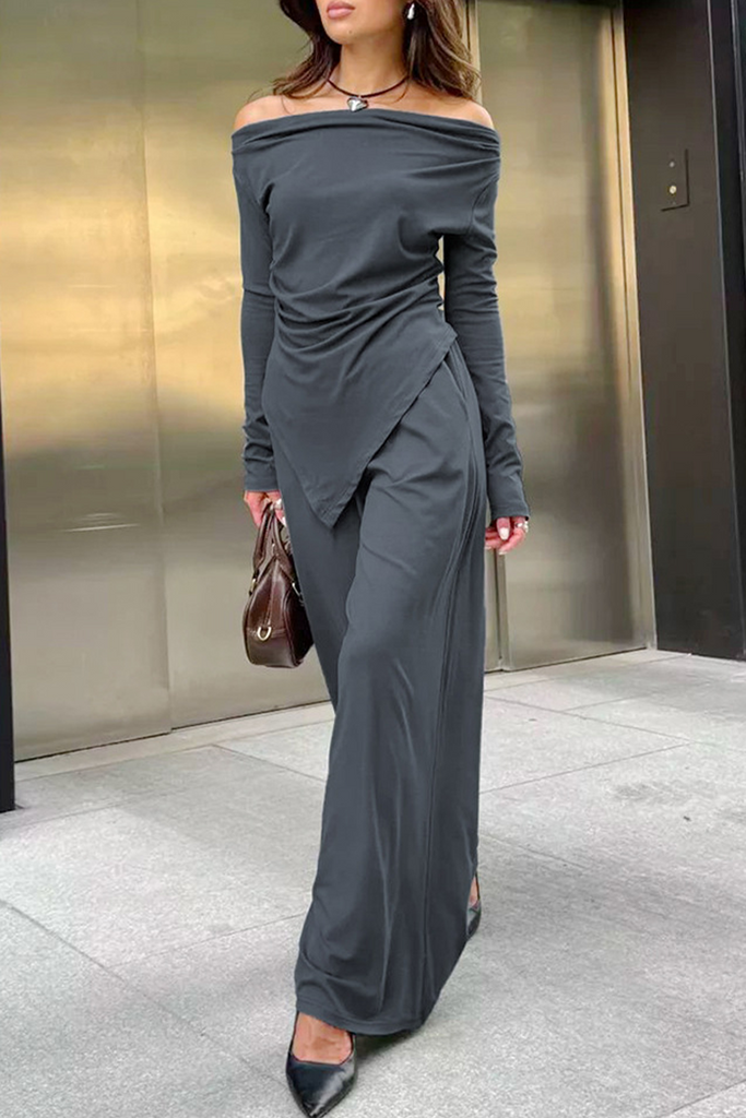 WW | Sexy Street Rüsch Irregulär Off Shoulder Langarm Zwei Teile