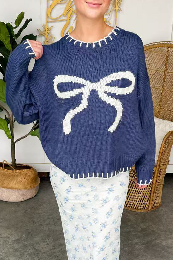 WW | Lässige Schleifen-Webart Kontrast O-Ausschnitt Pullover