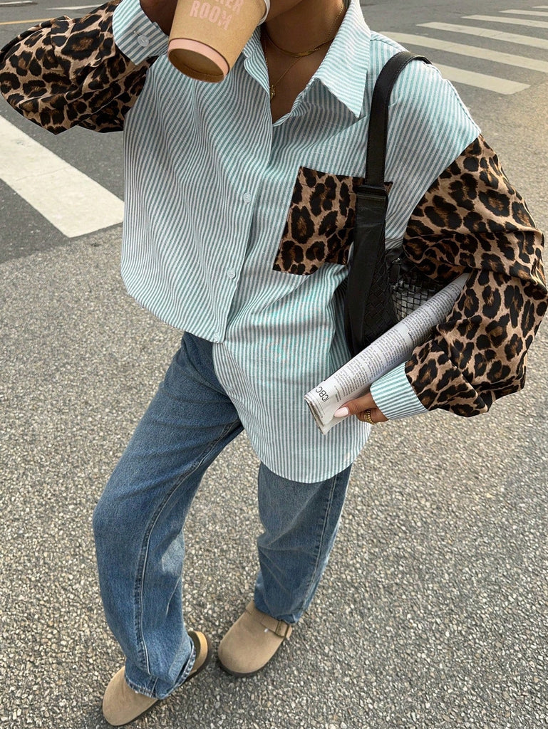 WW | Gaze Frauen Leoparden Patchwork Gestreifte Lange Ärmel Freizeitbluse, Retro Frauen Blusen, Herbst Frauen Kleider, Frauen Hemden, Formelle Frauen Kleider, Street Style Hemden, Leoparden Hemden