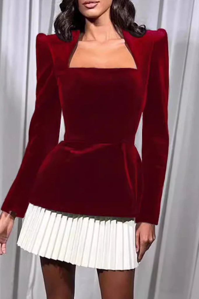 WW | Elegante Plissierte Samt Quadrat-Ausschnitt Plissierte Kleider