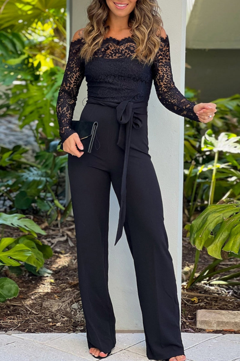 WW | Sexy Casual Elegant Spitzen-Patchwork Rückenfrei Schulterfrei Bodycon Jumpsuits