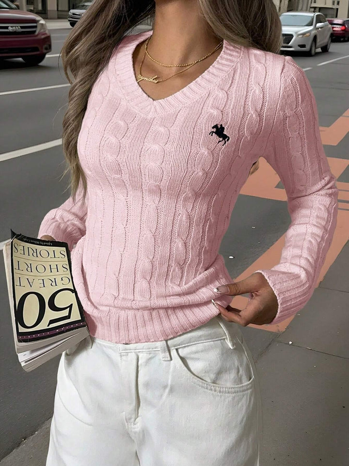 Damen-Kabelstrickpullover mit V-Ausschnitt