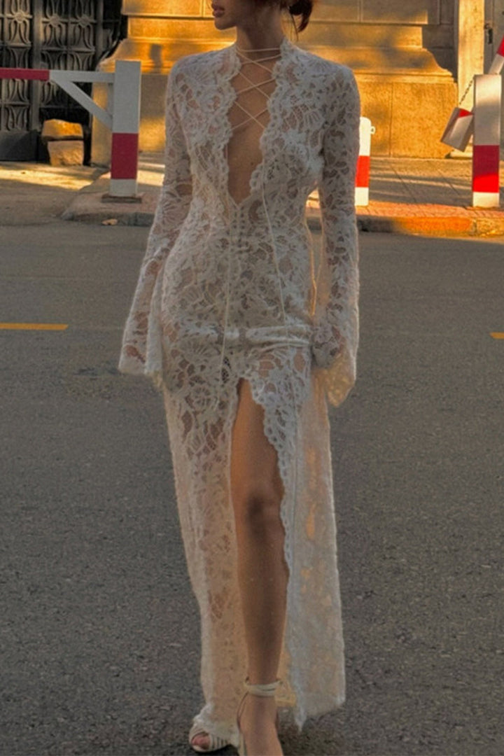 W&W Mode | Sexy Spitze Durchsichtige Trägerdesign V-Ausschnitt Spitze Kleid Kleider