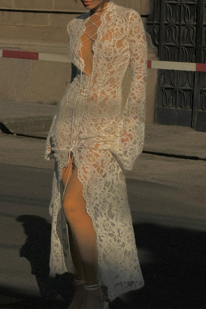 W&W Mode | Sexy Spitze Durchsichtige Trägerdesign V-Ausschnitt Spitze Kleid Kleider